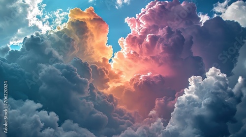  a group of clouds in the sky with a blue sky in the back ground and a pink and yellow cloud in the middle of the sky.