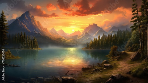 Beautiful landscape with lake and mountains at sunset