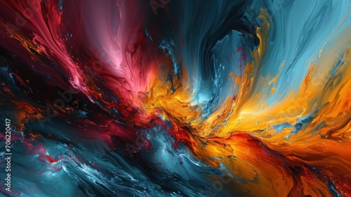  a close up of an abstract painting with blue, red, yellow and orange swirls and streaks of paint.