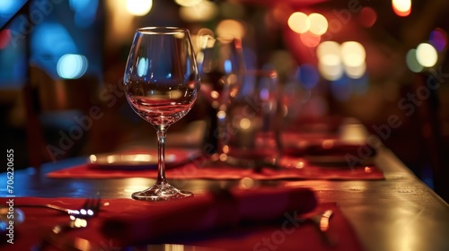  a glass of wine sitting on top of a table next to a napkin and a wine glass on top of a table.