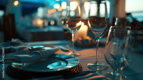  a close up of a table with wine glasses and a plate with a knife and fork on it and a candle in the background.