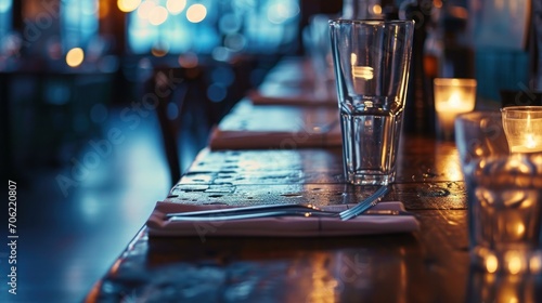  a close up of a table with a napkin and a glass of water and a knife and fork on it.