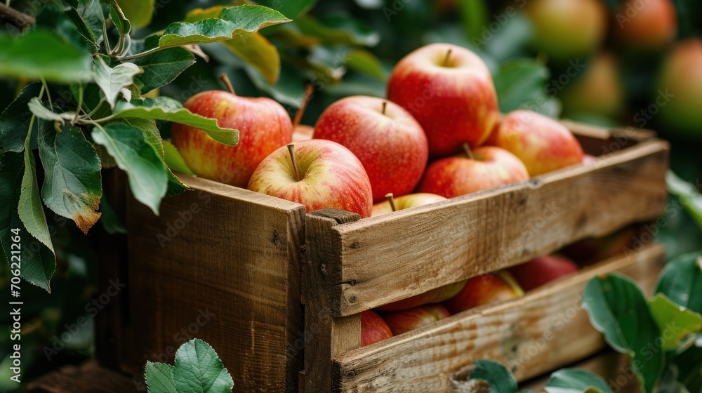 a wooden crate filled with lots of red apples on top of a lush green leaf covered tree filled with lots of green leaves. a wooden crate filled with lots of red apples on top of a lush green leaf covered tree filled with lots of green leaves.