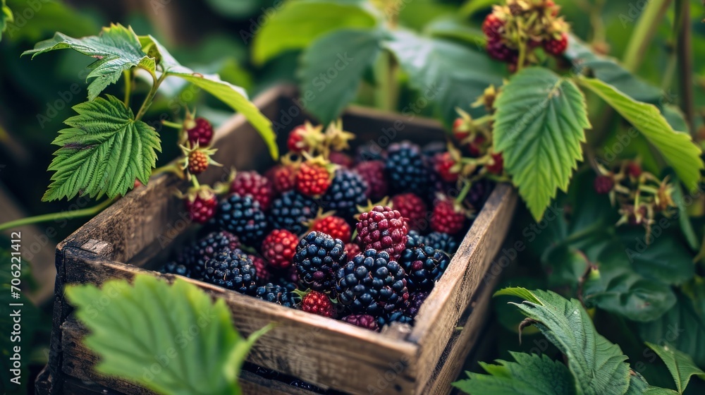a wooden box filled with lots of blackberries and raspberries on top of a green leafy tree. a wooden box filled with lots of blackberries and raspberries on top of a green leafy tree.