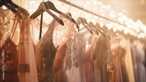 Closeup of a rack of couture dresses in a fashion designers studio, each delicately embellished with unique details. photo