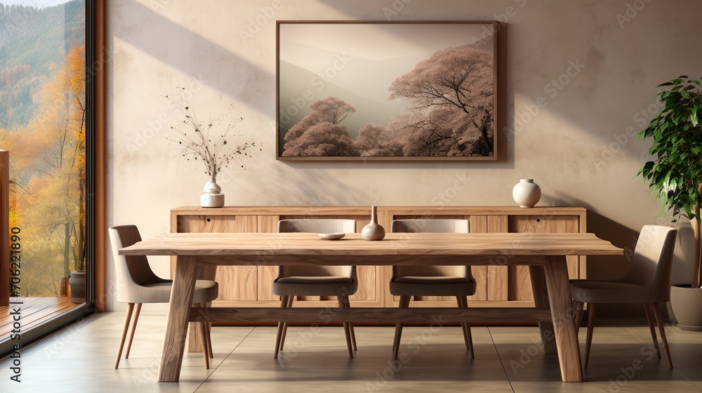 custom made wallpaper toronto digitalElegant stylish dining room interior composition with poster frames, beige sideboard, family dining table, plants