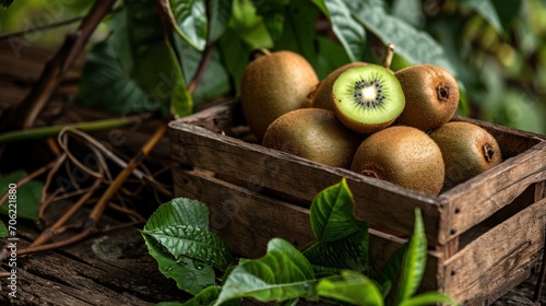  a wooden crate filled with kiwi fruit sitting on top of a lush green leaf covered forest covered forest floor.
