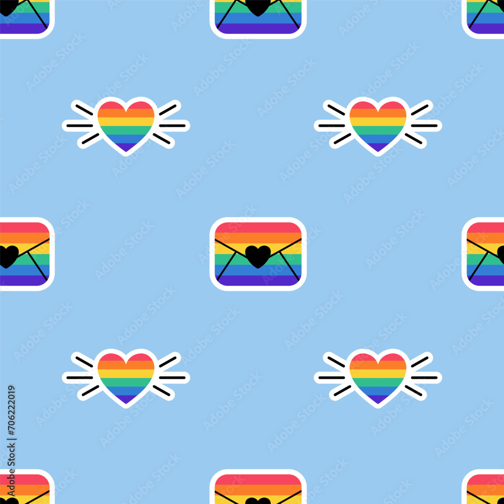 Seamless Pattern with Love message, envelope with heart in LGBT flag colors. Rainbow color mail icon. Texture with LGBT stickers in doodle style. LGBTQ, LGBT pride community Symbol. Seamless Pattern with Love message, envelope with heart in LGBT flag colors. Rainbow color mail icon. Texture with LGBT stickers in doodle style. LGBTQ, LGBT pride community Symbol.