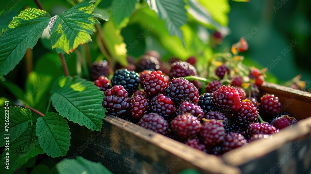 a wooden box filled with lots of blackberries and raspberries next to green leafy leaves on a sunny day. a wooden box filled with lots of blackberries and raspberries next to green leafy leaves on a sunny day.