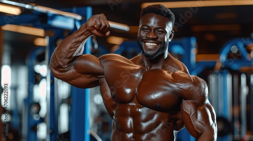 A strong man in a gym, grinning with confidence and flexing his biceps
