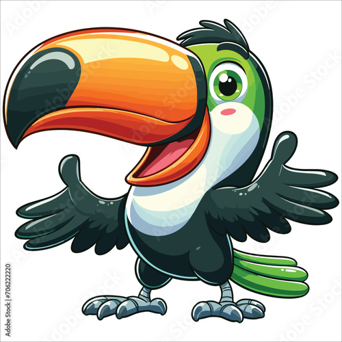 Funny happy green toucan cartoon vector illustration on white background 