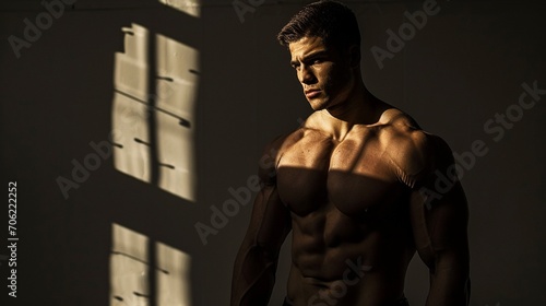 A dramatic low-light photo of a strong man that highlights his shadows and robust body