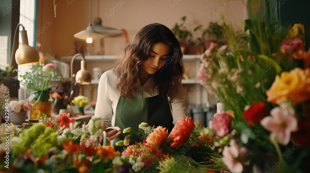 During the working day at the floral shop, a female florist wearing a green apron is standing at a table arranging fresh flowers.