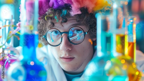 Student in oversized glasses and a lab coat, surrounded by bubbling test tubes and wearing a funny hat made of pencils