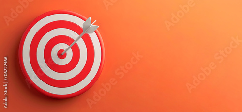 Business targeting and winning goals business concept, an arrow hits the centre of dart board. Copy space for text. Stylised 3D rendering. AI generated illustration.  photo