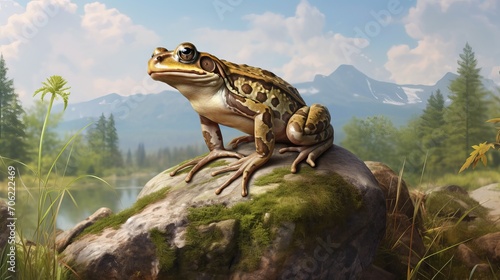 Standing on a stone is the common European frog, Rana temporaria.