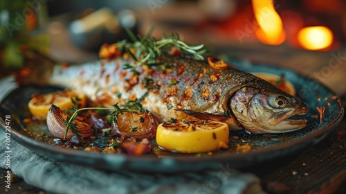  a fish sitting on top of a plate next to a pile of vegetables and a slice of lemon on top of a table.