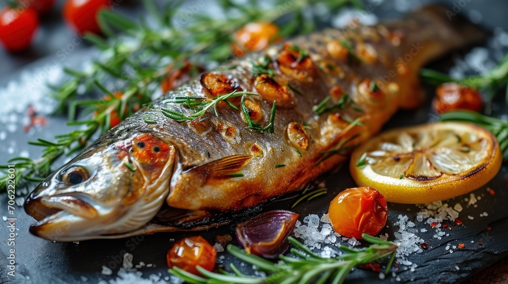 a close up of a fish on a plate with a slice of lemon and tomatoes on the side of the plate. a close up of a fish on a plate with a slice of lemon and tomatoes on the side of the plate.