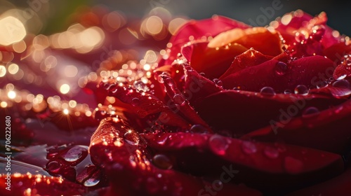  a close up of a red rose with drops of water on it and a boke of lights in the background.