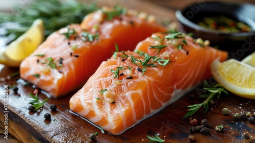  a close up of two salmons on a cutting board with lemon wedges and a small bowl of seasoning.