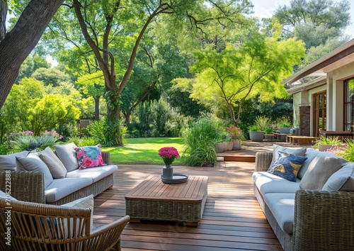 Relaxing Outdoor Patio with Comfy Seating  Stunning Garden View   Perfect for Real Estate  Property Inspection  and Maintenance Assessment