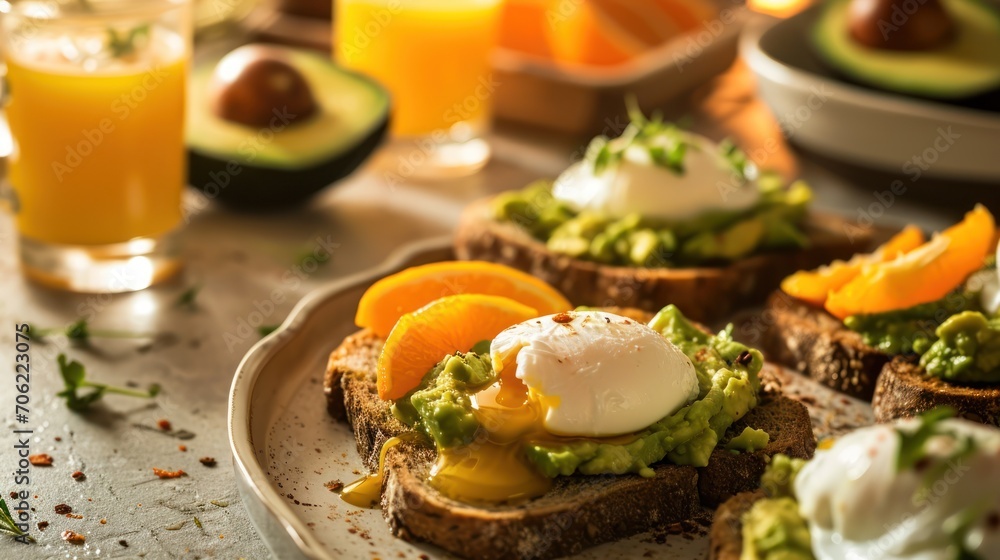  a plate topped with toast covered in guacamole and topped with an poached egg next to a glass of orange juice.