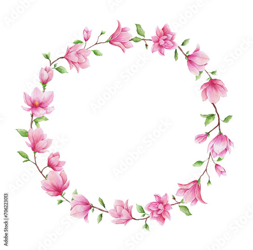 Flower Magnolia watercolor round wreath. Hand painted frame with pink bud and leaves isolated. Floral design for card
