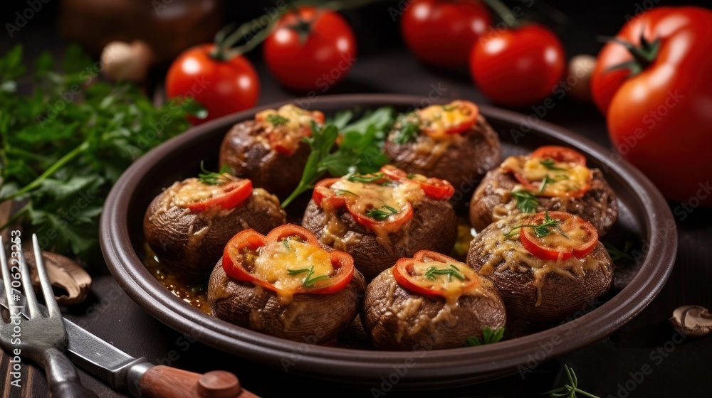 a plate filled with stuffed mushrooms covered in cheese and topped with tomatoes and parsley next to a knife and fork. a plate filled with stuffed mushrooms covered in cheese and topped with tomatoes and parsley next to a knife and fork.