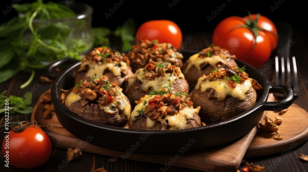 a pan filled with stuffed mushrooms covered in cheese and toppings on a cutting board with tomatoes in the background. a pan filled with stuffed mushrooms covered in cheese and toppings on a cutting board with tomatoes in the background.