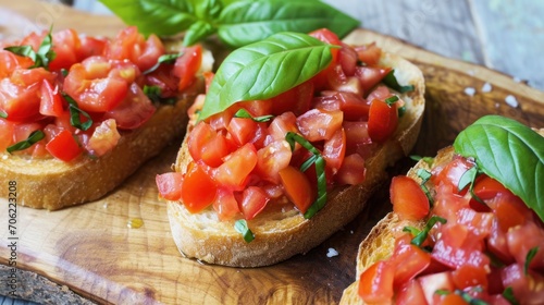  a wooden cutting board topped with slices of bread covered in tomato sauce and green leafy garnishments. photo