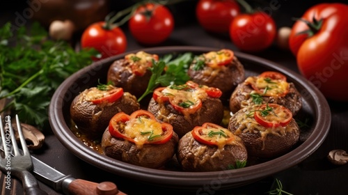  a plate filled with stuffed mushrooms covered in cheese and topped with tomatoes and parsley next to a knife and fork.