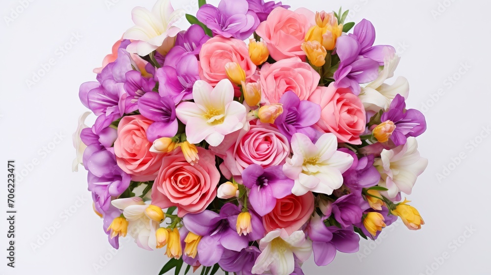 A wedding bouquet of roses and freesia flowers, fresh and luscious, colorful flowers for a present, isolated on a white background