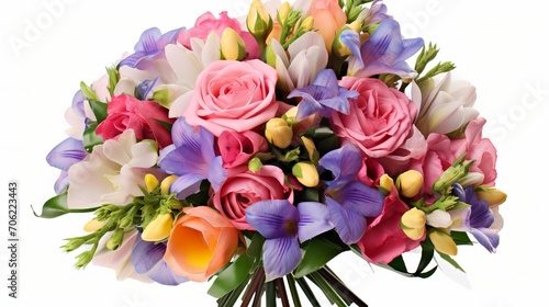 A wedding bouquet of roses and freesia flowers  fresh and luscious  colorful flowers for a present  isolated on a white background