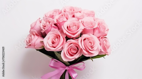 Beautiful, newly-picked pink roses wrapped in paper for a gift, isolated on a white background.