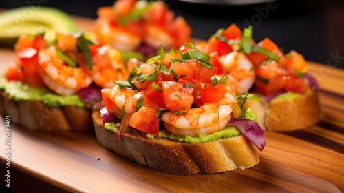  a wooden cutting board topped with slices of bread topped with shrimp and veggies and garnishes.