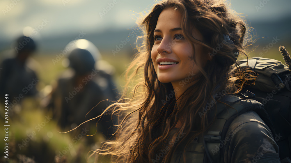 Portrait of a Long Haired Female Soldier in the Grassland. Women in Military Uniform Portrait of a Long Haired Female Soldier in the Grassland. Women in Military Uniform