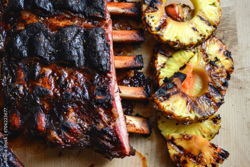 a wooden cutting board topped with ribs, pineapples, and pineapple slices on top of a cutting board. a wooden cutting board topped with ribs, pineapples, and pineapple slices on top of a cutting board.