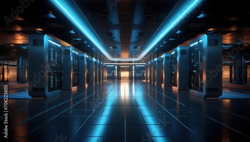A long hallway with a row of servers in the center. Data room. Generative AI