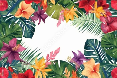 Botanical frame with tropical leaves and vibrant flowers. Ideal for cosmetics, spa, perfume, beauty salon, travel agency, and florist shop. Generative AI