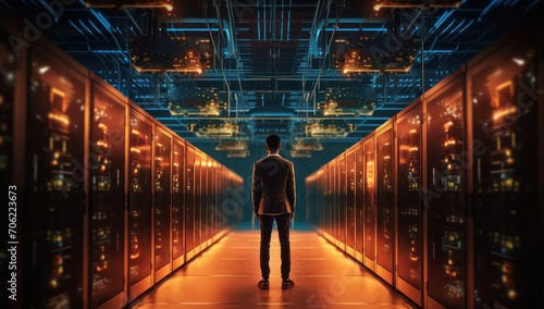 Futuristic Concept: Data Center Chief Technology Officer In Digitalization Lines Streaming Through Servers. Generative AI