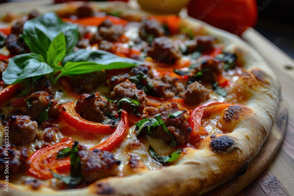a pizza with meat, peppers, and basil on top of a wooden cutting board with a bottle of wine in the background. a pizza with meat, peppers, and basil on top of a wooden cutting board with a bottle of wine in the background.