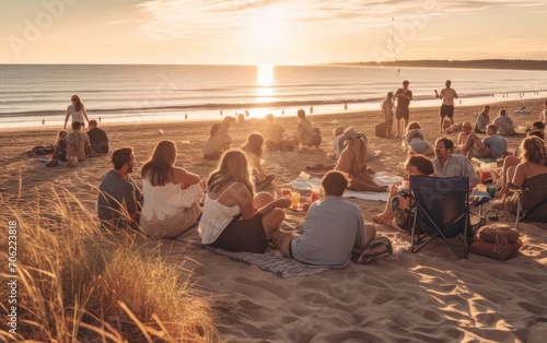 Group of happy young people at the beach on beautiful summer sunset. Generative AI © sticker2you