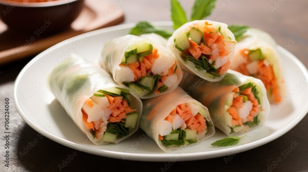 a white plate topped with veggie rolls next to a bowl of carrots and a green leafy garnish. a white plate topped with veggie rolls next to a bowl of carrots and a green leafy garnish.