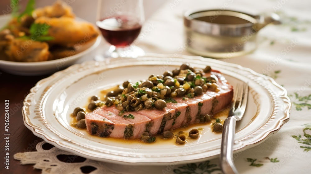 a white plate topped with a piece of meat covered in capers next to a bowl of potatoes and a glass of wine. a white plate topped with a piece of meat covered in capers next to a bowl of potatoes and a glass of wine.