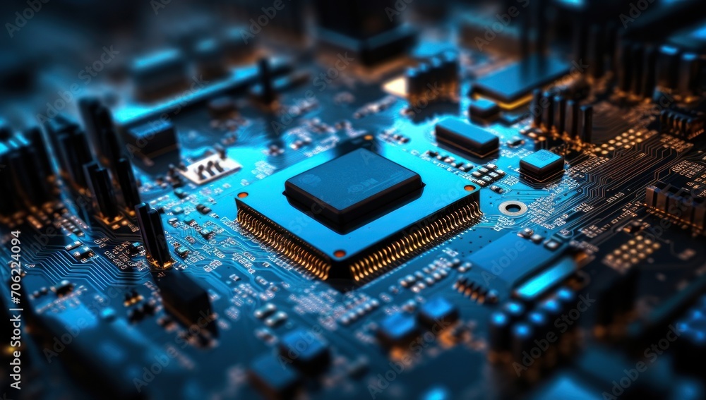 Focused IC chip on circuit board. Generative AI
