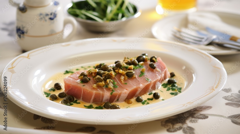  a white plate topped with a piece of fish covered in capers and capers on top of a table.