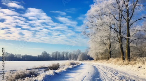 frosty field with a blue sky and fluffy white clouds above a dirt road that leads to a frosted woodland © Suleyman
