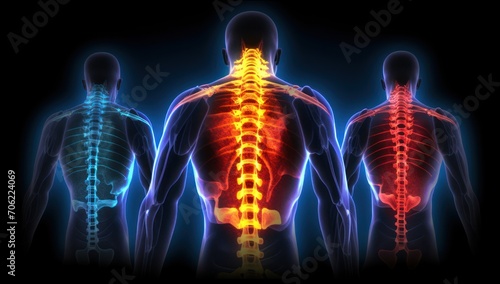 Human spine visualising pain with red and orange colours. Generative AI