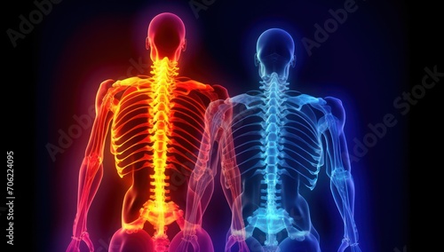 Human spine visualising pain with red and orange colours. Generative AI