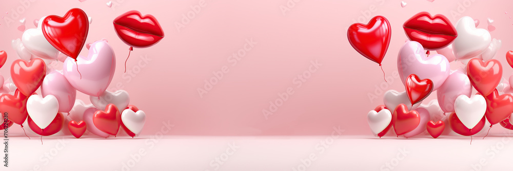 valentine's day background with red pink balloon hearts and kiss, valentine day banner sale template card border with copy space. Valentin's day empty podium platform product display for marketing - obrazy, fototapety, plakaty 